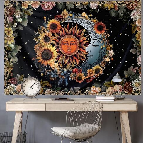 Aeivice Sun and Moon Tapestry, Boho Hippie Psychedelic Floral Aesthetic Wall Decor, Mystic Vintage Celestial Art Black Living Room Dorm Home Decorations 60Lx40W in Saudi Arabia