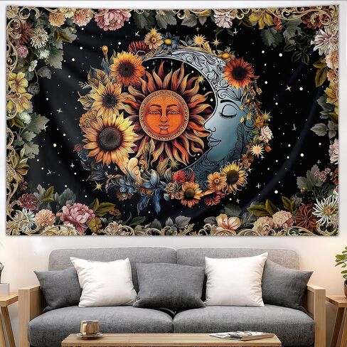 Aeivice Sun and Moon Tapestry, Boho Hippie Psychedelic Floral Aesthetic Wall Decor, Mystic Vintage Celestial Art Black Living Room Dorm Home Decorations 60Lx40W in Saudi Arabia