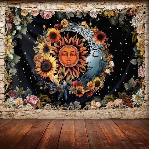 Aeivice Sun and Moon Tapestry, Boho Hippie Psychedelic Floral Aesthetic Wall Decor, Mystic Vintage Celestial Art Black Living Room Dorm Home Decorations 60Lx40W in Saudi Arabia