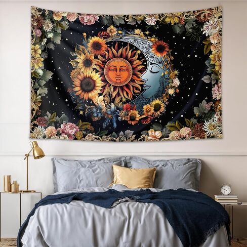 Aeivice Sun and Moon Tapestry, Boho Hippie Psychedelic Floral Aesthetic Wall Decor, Mystic Vintage Celestial Art Black Living Room Dorm Home Decorations 60Lx40W in Saudi Arabia