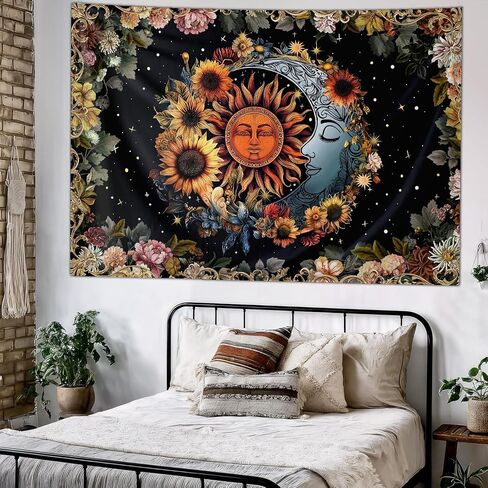Aeivice Sun and Moon Tapestry, Boho Hippie Psychedelic Floral Aesthetic Wall Decor, Mystic Vintage Celestial Art Black Living Room Dorm Home Decorations 60Lx40W in Saudi Arabia