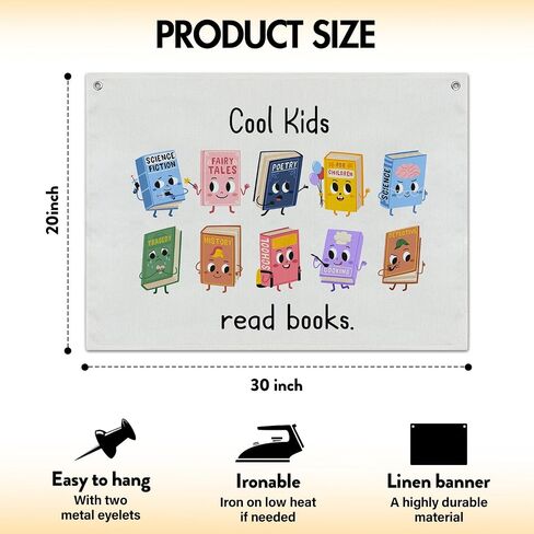 Reading Corner Wall Decor, Cool Kids Read Books Canvas Banner, 20x30 inches Cute Book Wall Hanging Flag Linen Tapestry Decorations for Toddler Nursery Classroom -007 in Saudi Arabia