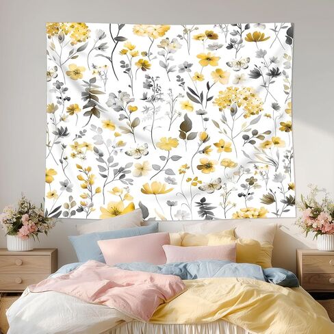 Cinbloo Yellow Floral Tapestry 59Wx51H Inch Cute Wildflower Gray Grey Watercolor Boho Butterfly Spring Plants Botanical Wall Hanging Girls Women Classroom Home Dorm Decor Art Living Room Bedroom in Saudi Arabia