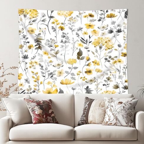 Cinbloo Yellow Floral Tapestry 59Wx51H Inch Cute Wildflower Gray Grey Watercolor Boho Butterfly Spring Plants Botanical Wall Hanging Girls Women Classroom Home Dorm Decor Art Living Room Bedroom in Saudi Arabia