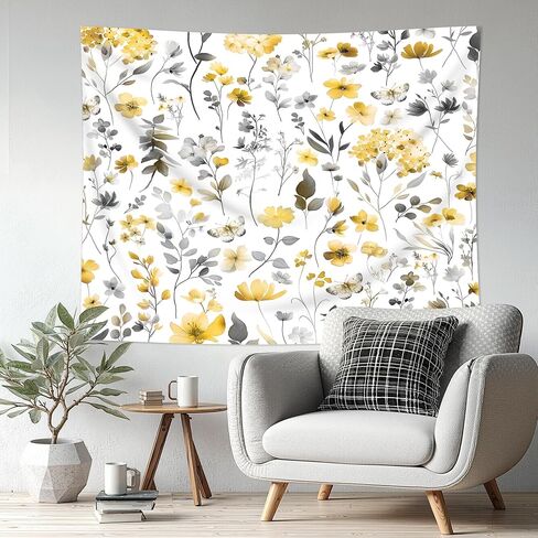 Cinbloo Yellow Floral Tapestry 59Wx51H Inch Cute Wildflower Gray Grey Watercolor Boho Butterfly Spring Plants Botanical Wall Hanging Girls Women Classroom Home Dorm Decor Art Living Room Bedroom in Saudi Arabia
