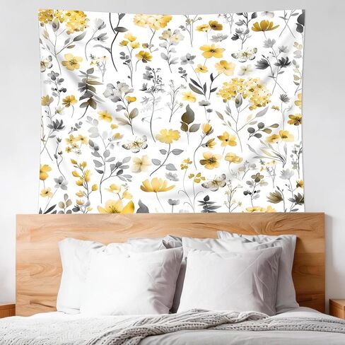 Cinbloo Yellow Floral Tapestry 59Wx51H Inch Cute Wildflower Gray Grey Watercolor Boho Butterfly Spring Plants Botanical Wall Hanging Girls Women Classroom Home Dorm Decor Art Living Room Bedroom in Saudi Arabia