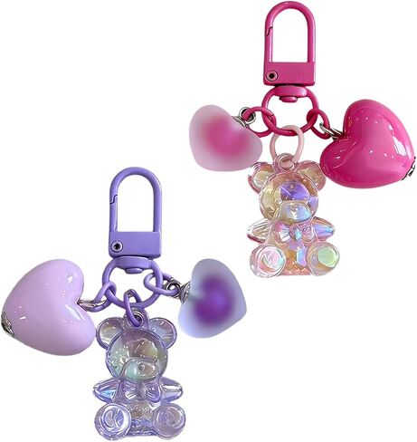 Crystal Teddy Bear Keychain with Jelly Heart Charm – 2-Pack Set in Pink & Purple, Adorable Handbag and Car Key Accessories for Women in Saudi Arabia
