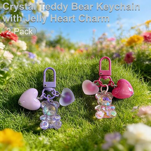 Crystal Teddy Bear Keychain with Jelly Heart Charm – 2-Pack Set in Pink & Purple, Adorable Handbag and Car Key Accessories for Women in Saudi Arabia