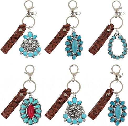 Kigeli 6 Pack Western Turquoise Keychain Vintage Embossed Cowhide Keychain Country Style Gifts for Cowgirl Cowboy Car Wallet Charms Decor Western Car Accessories in Saudi Arabia