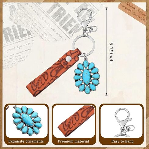 Kigeli 6 Pack Western Turquoise Keychain Vintage Embossed Cowhide Keychain Country Style Gifts for Cowgirl Cowboy Car Wallet Charms Decor Western Car Accessories in Saudi Arabia