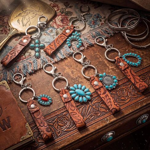 Kigeli 6 Pack Western Turquoise Keychain Vintage Embossed Cowhide Keychain Country Style Gifts for Cowgirl Cowboy Car Wallet Charms Decor Western Car Accessories in Saudi Arabia