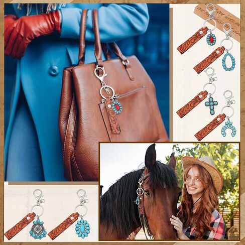 Kigeli 6 Pack Western Turquoise Keychain Vintage Embossed Cowhide Keychain Country Style Gifts for Cowgirl Cowboy Car Wallet Charms Decor Western Car Accessories in Saudi Arabia