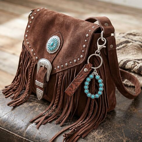 Kigeli 6 Pack Western Turquoise Keychain Vintage Embossed Cowhide Keychain Country Style Gifts for Cowgirl Cowboy Car Wallet Charms Decor Western Car Accessories in Saudi Arabia