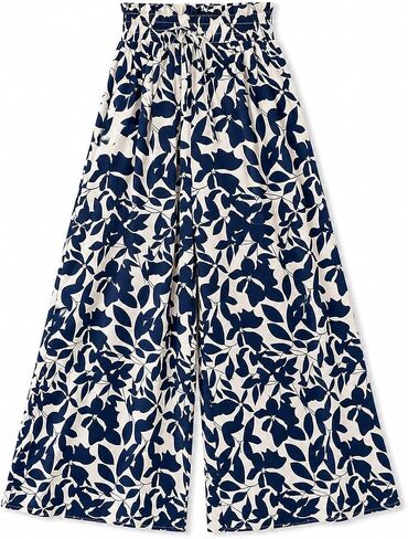Women's Leaf Print High Waist Wide Leg Palazzo Pants with Pockets, Lightweight for Summer Beach Casual Wear in Kuwait