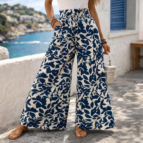 Women's Leaf Print High Waist Wide Leg Palazzo Pants with Pockets, Lightweight for Summer Beach Casual Wear in Kuwait