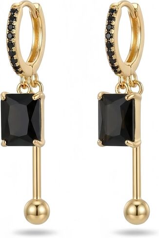 LisiZen 14K gold plated Black Zircon Dangle Earrings for Women – 2 Inch Rectangle Black Gold Drop Earrings, Minimalist Geometric Black Gold Earrings, Everyday Chic Black Gold Dangle Earrings in Kuwait