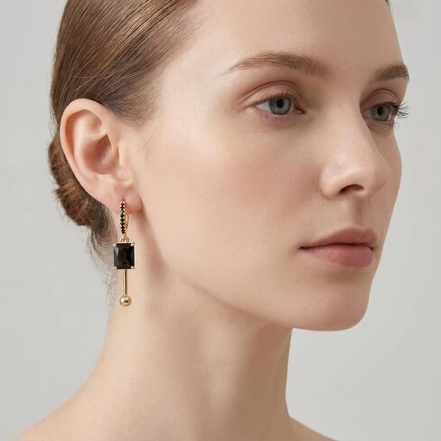 LisiZen 14K gold plated Black Zircon Dangle Earrings for Women – 2 Inch Rectangle Black Gold Drop Earrings, Minimalist Geometric Black Gold Earrings, Everyday Chic Black Gold Dangle Earrings in Kuwait