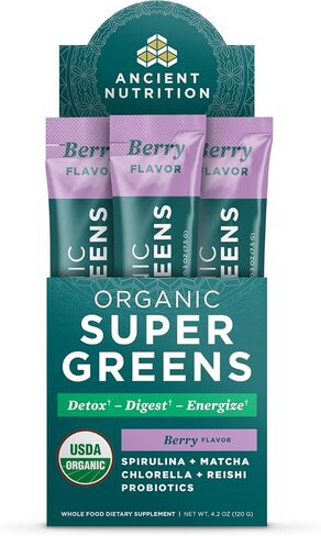 مسحوق Green Greens من Ancient Nutrition مع البروبيوتيك، خضار بنكهة التوت العضوية، مصنوع من الفواكه الحقيقية والخضروات والأعشاب، دعم الجهاز الهضمي والطاقة، 16 عبوة لاصقة، 4.2 أونصة in Kuwait