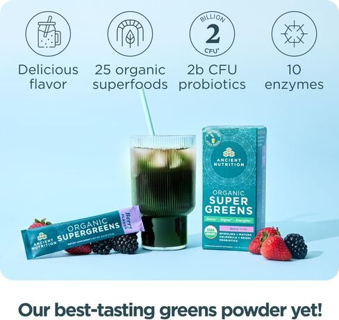 مسحوق Green Greens من Ancient Nutrition مع البروبيوتيك، خضار بنكهة التوت العضوية، مصنوع من الفواكه الحقيقية والخضروات والأعشاب، دعم الجهاز الهضمي والطاقة، 16 عبوة لاصقة، 4.2 أونصة in Kuwait