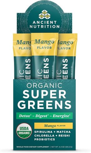 Ancient Nutrition SuperGreens Powder with Probiotics, Organic Berry Flavor Greens, Made from Real Fruits, Vegetables and Herbs, Digestive and Energy Support, 16 Stick Packs, 4.2oz in Saudi Arabia