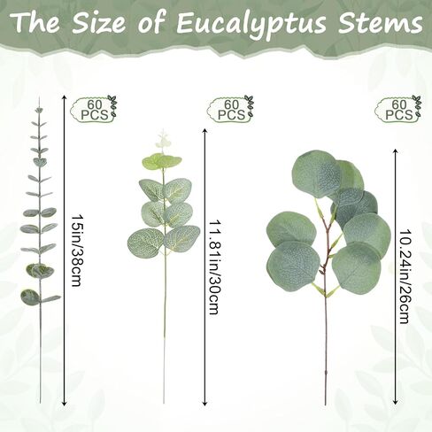 SHENLIU 180 Pcs 3 Kinds Mixed Eucalyptus Leaves Stems Bulk, DIY Green Faux Eucalyptus Stems Bundle Fake Leaves Greenery for Wedding Vase Bouquet Floral Arrangement in Saudi Arabia