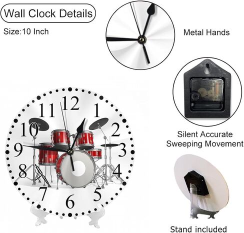 Music Wall Clock Red Silver White Rock N Roll Jazz Musical Instrument Cool Drum Clock 10 Inch Silent Non-Ticking Clocks Battery Operated for Home Living Laundry Room Kitchen Bedroom Office in Saudi Arabia