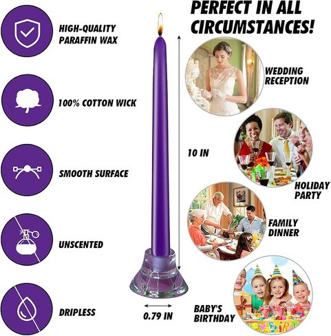 Purple Taper Candles, Set of 24 Unscented and Smokeless 10 Inch Taper Candles Long Burning, Paraffin Wax with Cotton Wicks for Burning Approxinately 7-8 Hours Time in Saudi Arabia