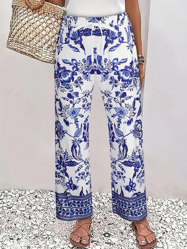 Women's Pants, Drawstring Elastic Waist Vintage Blue & White Floral Print Loose Wide Leg Casual Resort Long Trousers in Kuwait