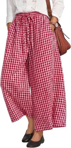 Huukeay Womens Plaid Gingham Pants Oversized Flowy Wide Leg Skirt Pants Casual Palazzo Drawstring Culottes with Pockets in Kuwait