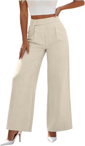 Aymnlox Dress Pants for Women Button High Waisted Wide Leg Loose Business Palazzo Pant with Pockets Casual Office Trousers in Saudi Arabia