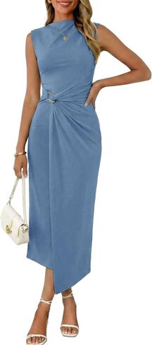 Valiamcep Womens Summer Mock Neck Ruched Bodycon Dress Sleeveless Elegant Cocktail Club Party Long Midi Dresses in Saudi Arabia