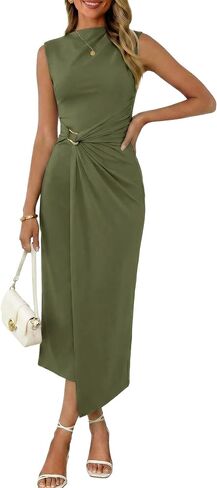 Valiamcep Womens Summer Mock Neck Ruched Bodycon Dress Sleeveless Elegant Cocktail Club Party Long Midi Dresses in Saudi Arabia