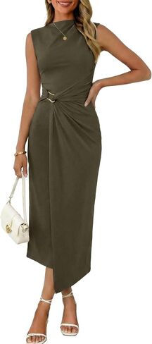 Valiamcep Womens Summer Mock Neck Ruched Bodycon Dress Sleeveless Elegant Cocktail Club Party Long Midi Dresses in Saudi Arabia