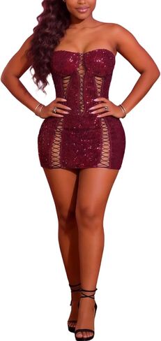 LROSEY Women’s Sexy Sparkly Sequin Mini Dress Y2k Glitter Tube Cut Out Dress for Birthday Party Club Night Going Out in Kuwait