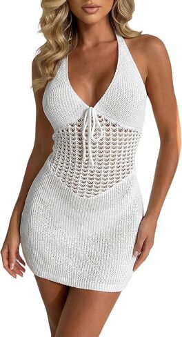 Women's Crochet Halter Mini Dress Hollow Out Tie Backless Deep V Neck Bodycon Beach Party Dresses in Kuwait