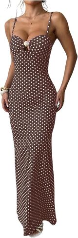 MakeMeChic Women's Polka Dots Maxi Dress Metal Sleeveless Bodycon Summer Beach Dresses Vacation Outfuts in Saudi Arabia
