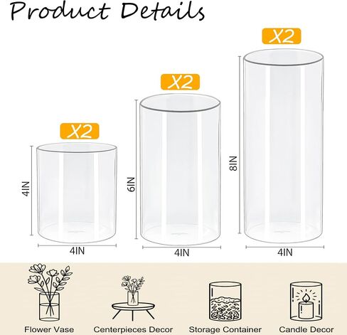 6 Pcs HZCPENG Glass Cylinder Vases, 4" 6" 8" Tall x 4" Wide Flower Vase for Centerpieces, Wedding Decorations and Indoor Home Décor, Hurricane Candle Holder for Table, Party Décor in Saudi Arabia
