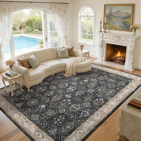 5x7 Area Rug for Living Room, Washable Vintage Small Rug, Soft Low Pile Non Slip Distressed Carpet for Bedroom Dining Room Nursery Home Office, Black Grey in Kuwait