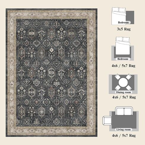 5x7 Area Rug for Living Room, Washable Vintage Small Rug, Soft Low Pile Non Slip Distressed Carpet for Bedroom Dining Room Nursery Home Office, Black Grey in Kuwait