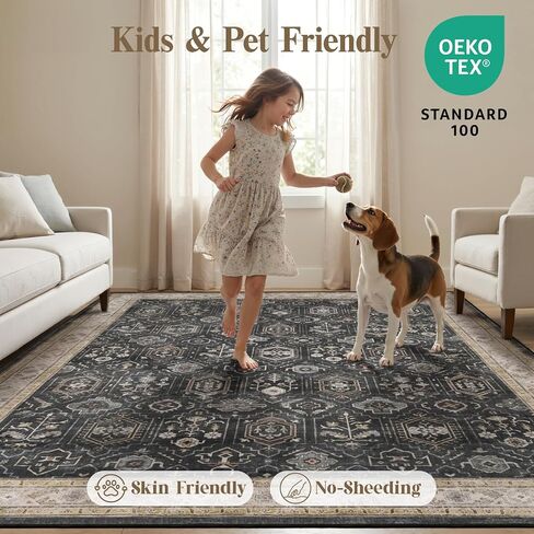 5x7 Area Rug for Living Room, Washable Vintage Small Rug, Soft Low Pile Non Slip Distressed Carpet for Bedroom Dining Room Nursery Home Office, Black Grey in Kuwait