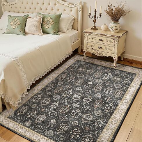 5x7 Area Rug for Living Room, Washable Vintage Small Rug, Soft Low Pile Non Slip Distressed Carpet for Bedroom Dining Room Nursery Home Office, Black Grey in Kuwait