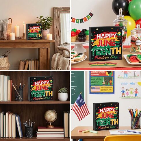 Juneteenth Decorations Wooden Sign 1865 Freedom Block African American Black Freedom Day Themed Centerpiece for Tabletop Desk Shelf, Home Office Indoor Holiday Party Double Side Printed in Saudi Arabia