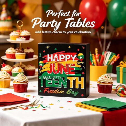 Juneteenth Decorations Wooden Sign 1865 Freedom Block African American Black Freedom Day Themed Centerpiece for Tabletop Desk Shelf, Home Office Indoor Holiday Party Double Side Printed in Saudi Arabia