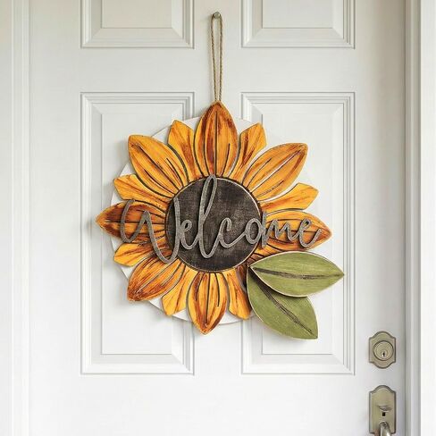 Sunflower Wreaths Welcome Sign for Front Door, 11.8 Inch 3D Wooden Sunflower Door Hanger Decor, Summer Rustic Wood Plaque Wall Hanging for Porch Indoor Outdoor Farmhouse Home Decorations in Saudi Arabia
