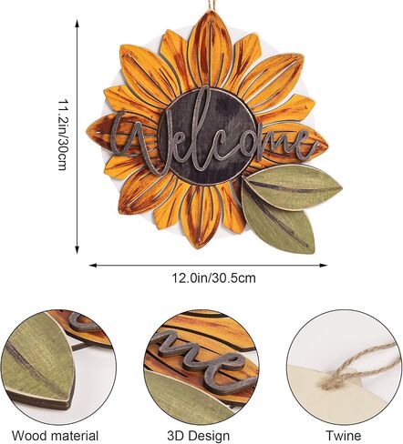 Sunflower Wreaths Welcome Sign for Front Door, 11.8 Inch 3D Wooden Sunflower Door Hanger Decor, Summer Rustic Wood Plaque Wall Hanging for Porch Indoor Outdoor Farmhouse Home Decorations in Saudi Arabia