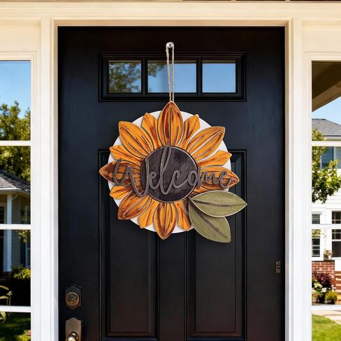 Sunflower Wreaths Welcome Sign for Front Door, 11.8 Inch 3D Wooden Sunflower Door Hanger Decor, Summer Rustic Wood Plaque Wall Hanging for Porch Indoor Outdoor Farmhouse Home Decorations in Saudi Arabia