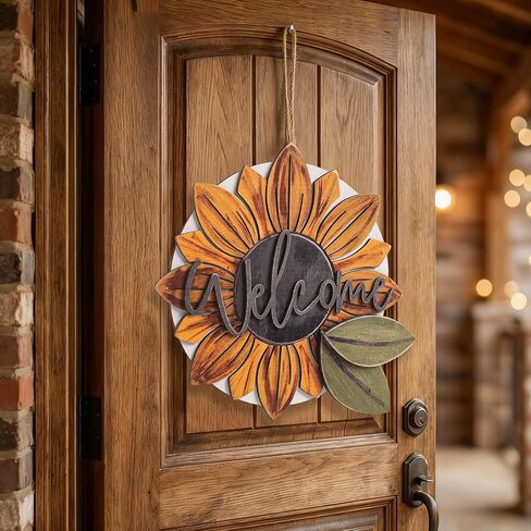 Sunflower Wreaths Welcome Sign for Front Door, 11.8 Inch 3D Wooden Sunflower Door Hanger Decor, Summer Rustic Wood Plaque Wall Hanging for Porch Indoor Outdoor Farmhouse Home Decorations in Saudi Arabia