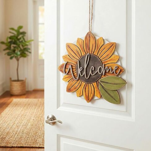 Sunflower Wreaths Welcome Sign for Front Door, 11.8 Inch 3D Wooden Sunflower Door Hanger Decor, Summer Rustic Wood Plaque Wall Hanging for Porch Indoor Outdoor Farmhouse Home Decorations in Saudi Arabia