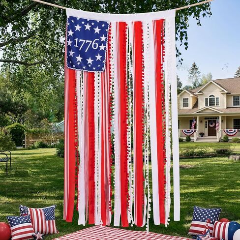 4th of July Rag American Flag Banner Decor, 4.5 x 2.3 FT Patriotic USA Flag Banner, Independence Day Retro American Flags Bunting Decorations for Outdoor Garden Yard Home Party in Saudi Arabia