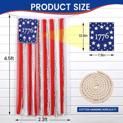 4th of July Rag American Flag Banner Decor, 4.5 x 2.3 FT Patriotic USA Flag Banner, Independence Day Retro American Flags Bunting Decorations for Outdoor Garden Yard Home Party in Saudi Arabia